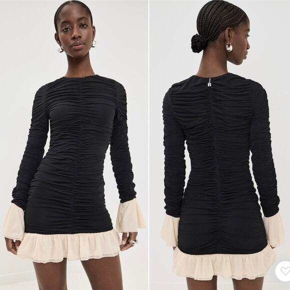 NWT Rotate Birger Christensen Ruched Long Sleeve Mini Dress Black Party Size 4 - Picture 2 of 16